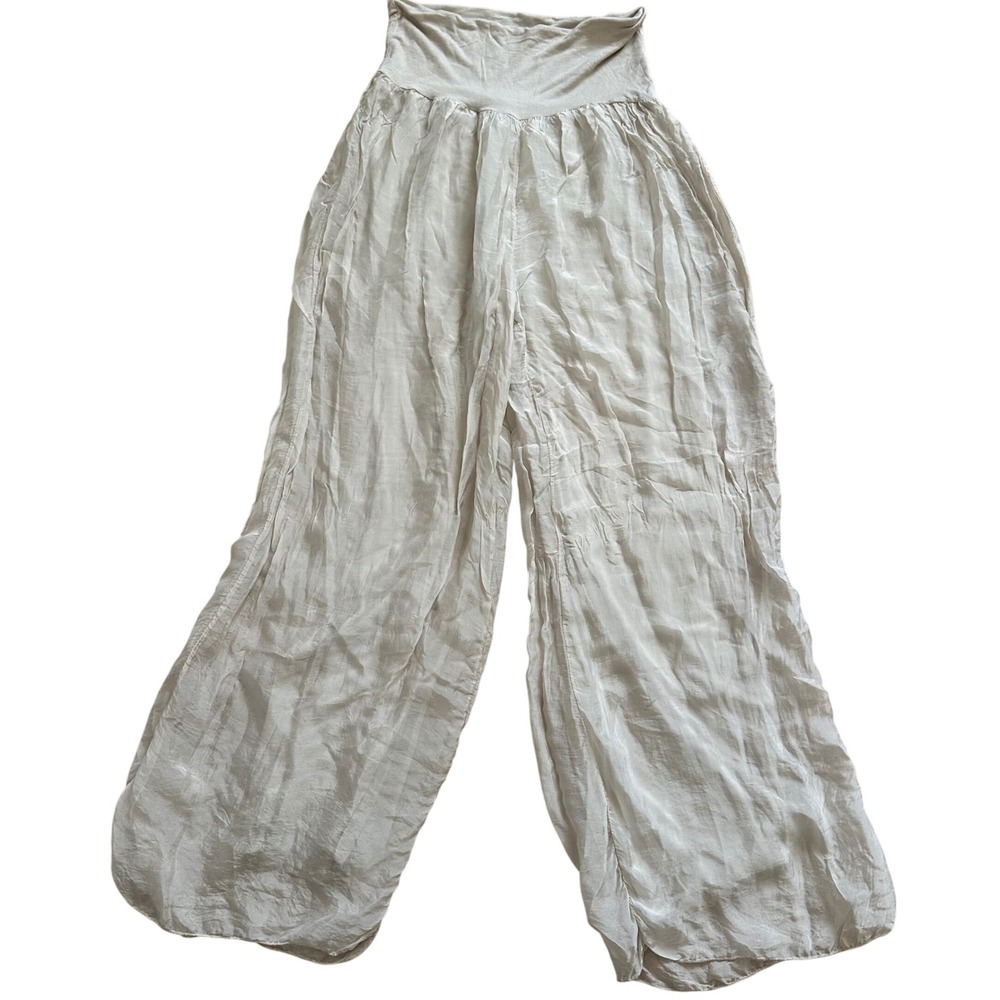Made in Italy Silk Blend Wide Leg Palazzo Pants Champagne Beige High Waist 42.5L